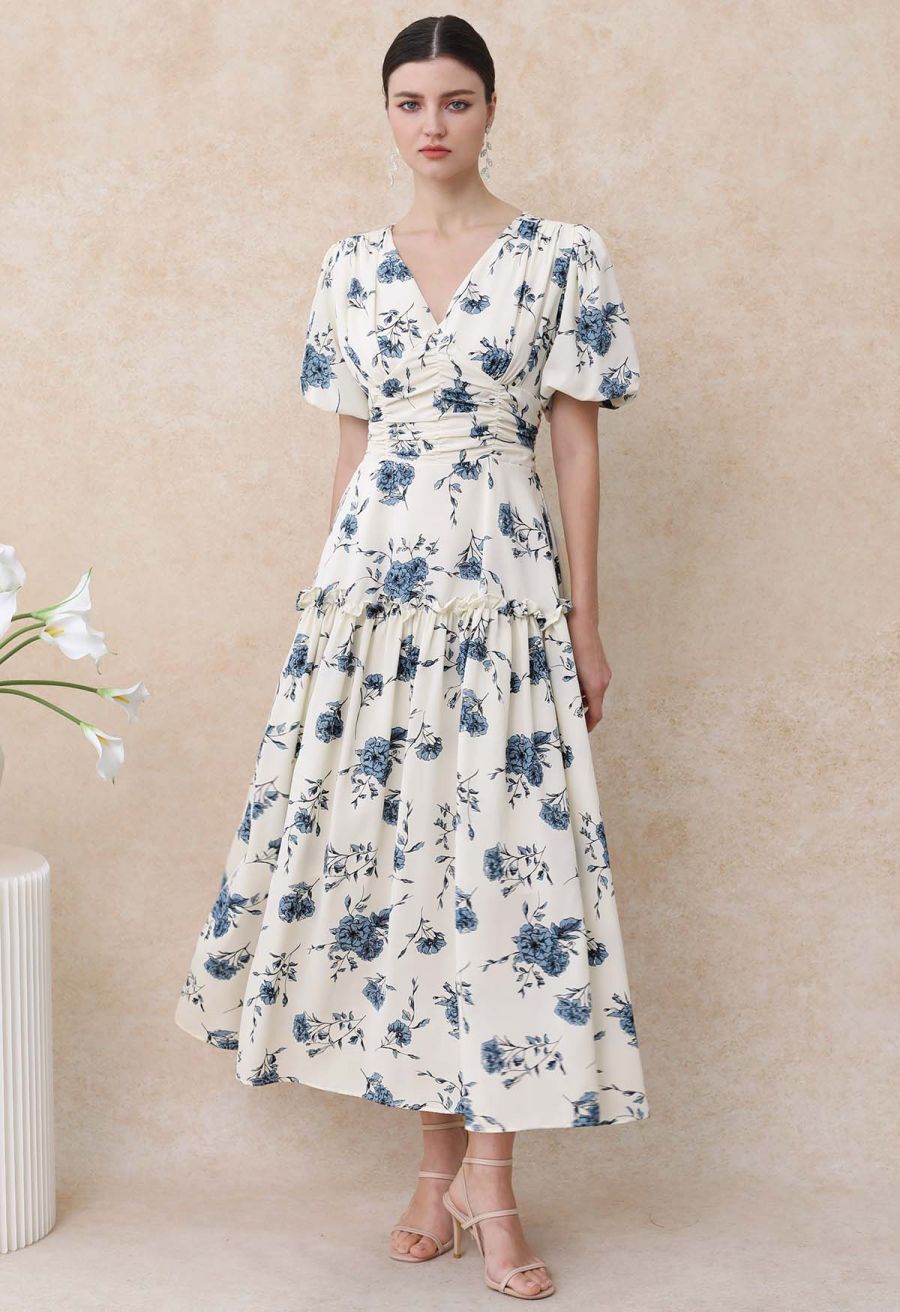 Floral Flourish V-Neck Puff Sleeve Dress in Ivory