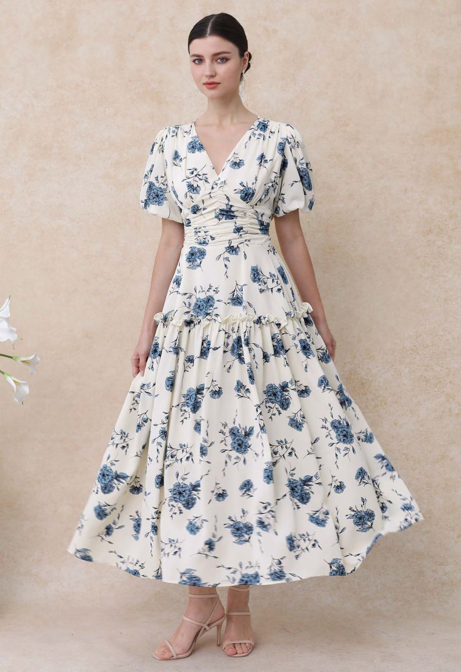 Floral Flourish V-Neck Puff Sleeve Dress in Ivory