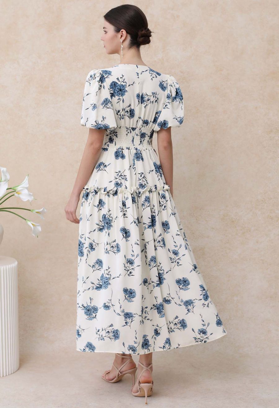 Floral Flourish V-Neck Puff Sleeve Dress in Ivory