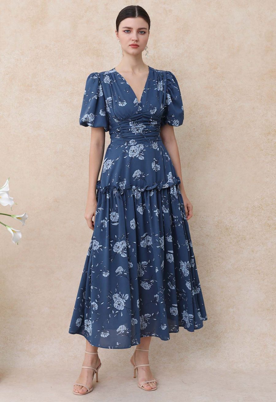 Floral Flourish V-Neck Puff Sleeve Dress in Navy