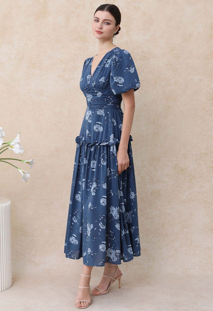 Floral Flourish V-Neck Puff Sleeve Dress in Navy