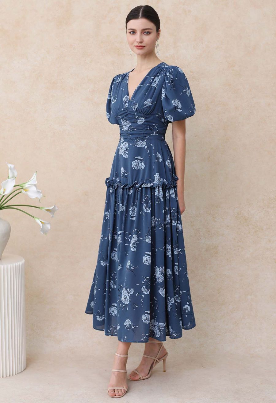 Floral Flourish V-Neck Puff Sleeve Dress in Navy