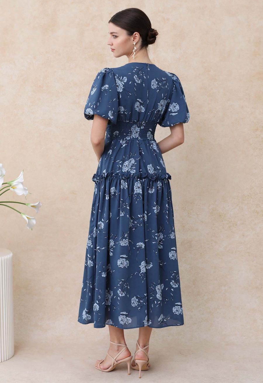 Floral Flourish V-Neck Puff Sleeve Dress in Navy
