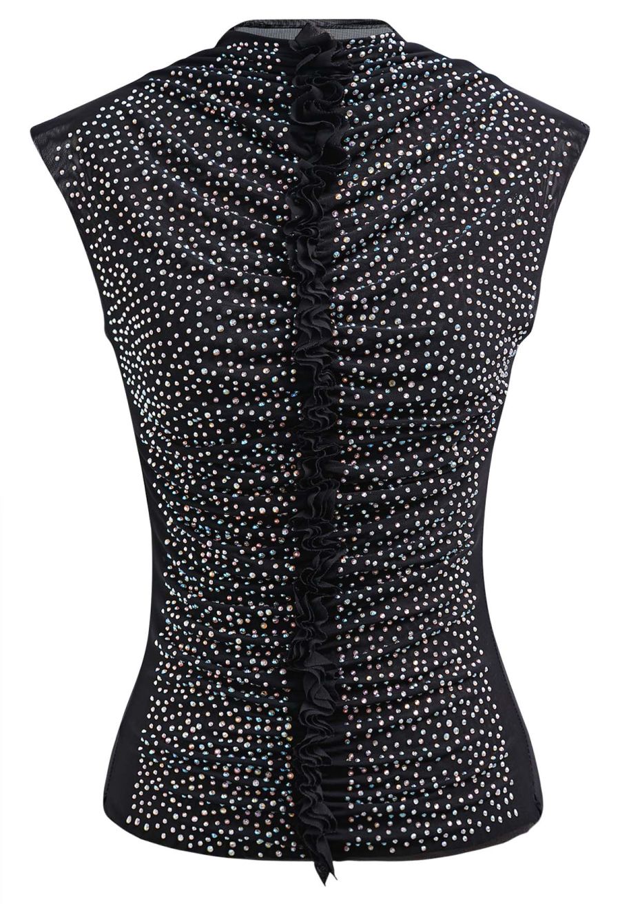 Rhinestone Decor Double-Layered Mesh Ruffle Sleeveless Top in Black