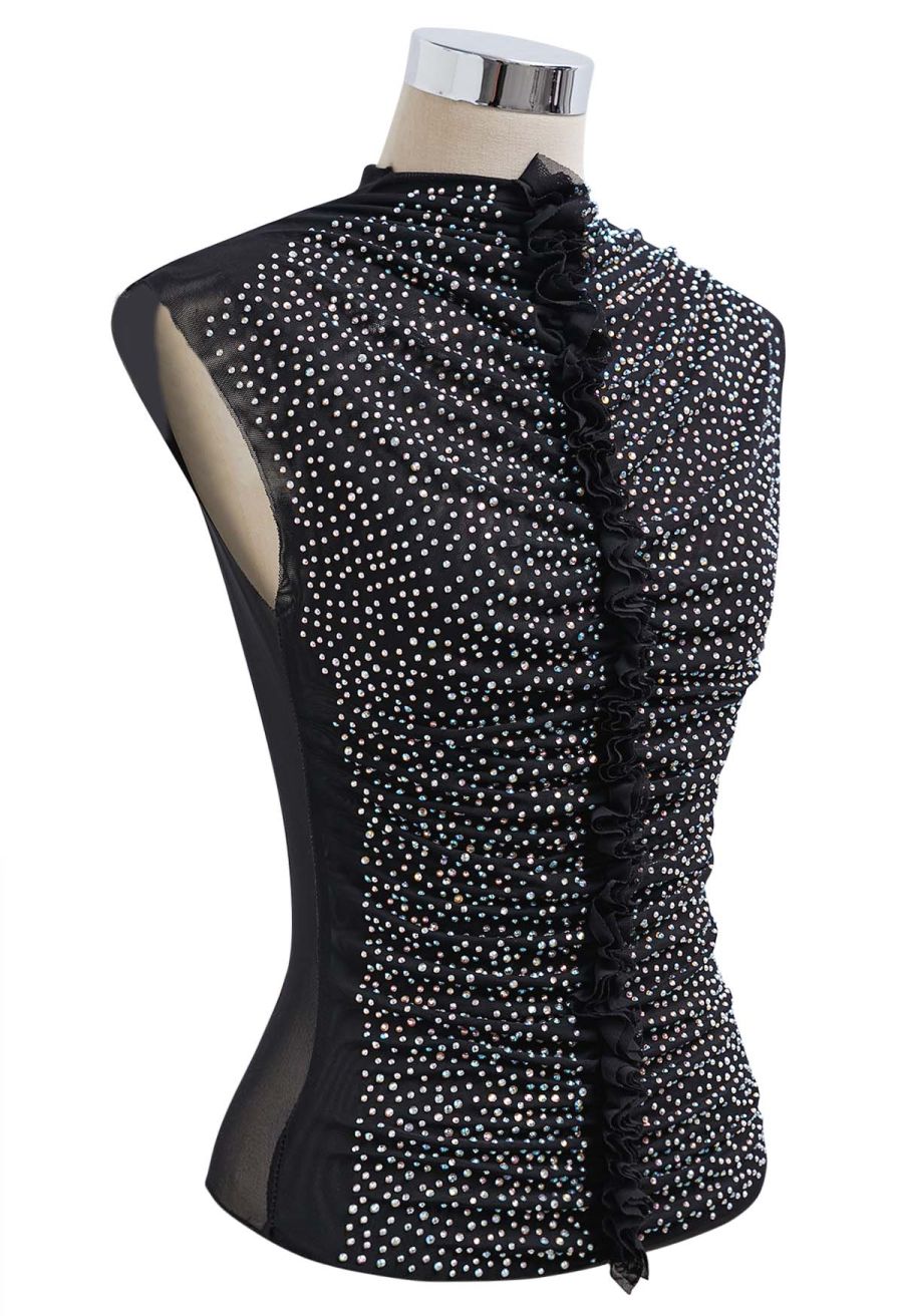 Rhinestone Decor Double-Layered Mesh Ruffle Sleeveless Top in Black