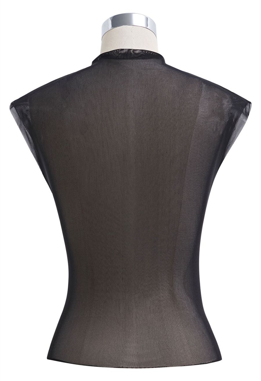 Rhinestone Decor Double-Layered Mesh Ruffle Sleeveless Top in Black
