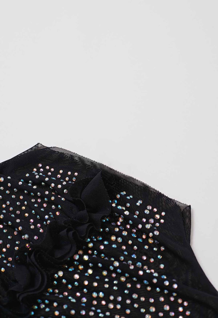 Rhinestone Decor Double-Layered Mesh Ruffle Sleeveless Top in Black
