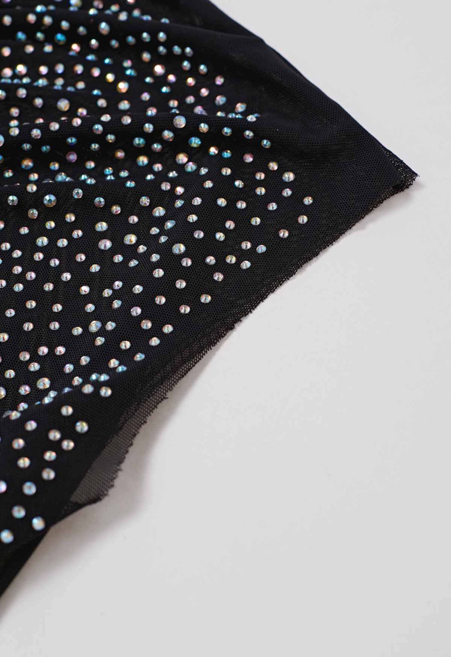 Rhinestone Decor Double-Layered Mesh Ruffle Sleeveless Top in Black