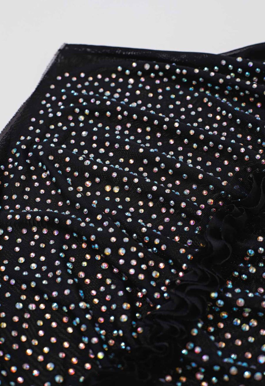Rhinestone Decor Double-Layered Mesh Ruffle Sleeveless Top in Black