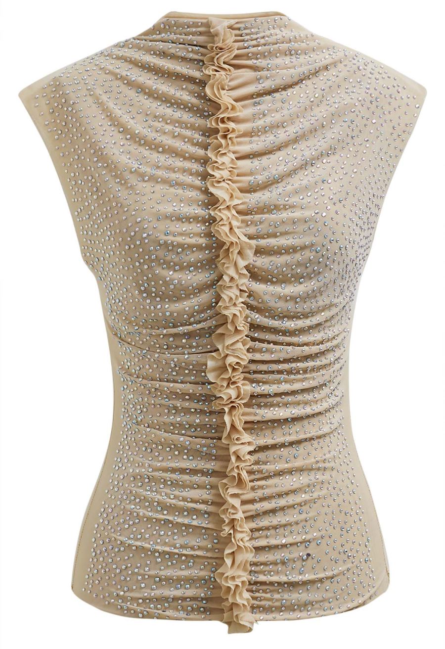 Rhinestone Decor Double-Layered Mesh Ruffle Sleeveless Top in Apricot