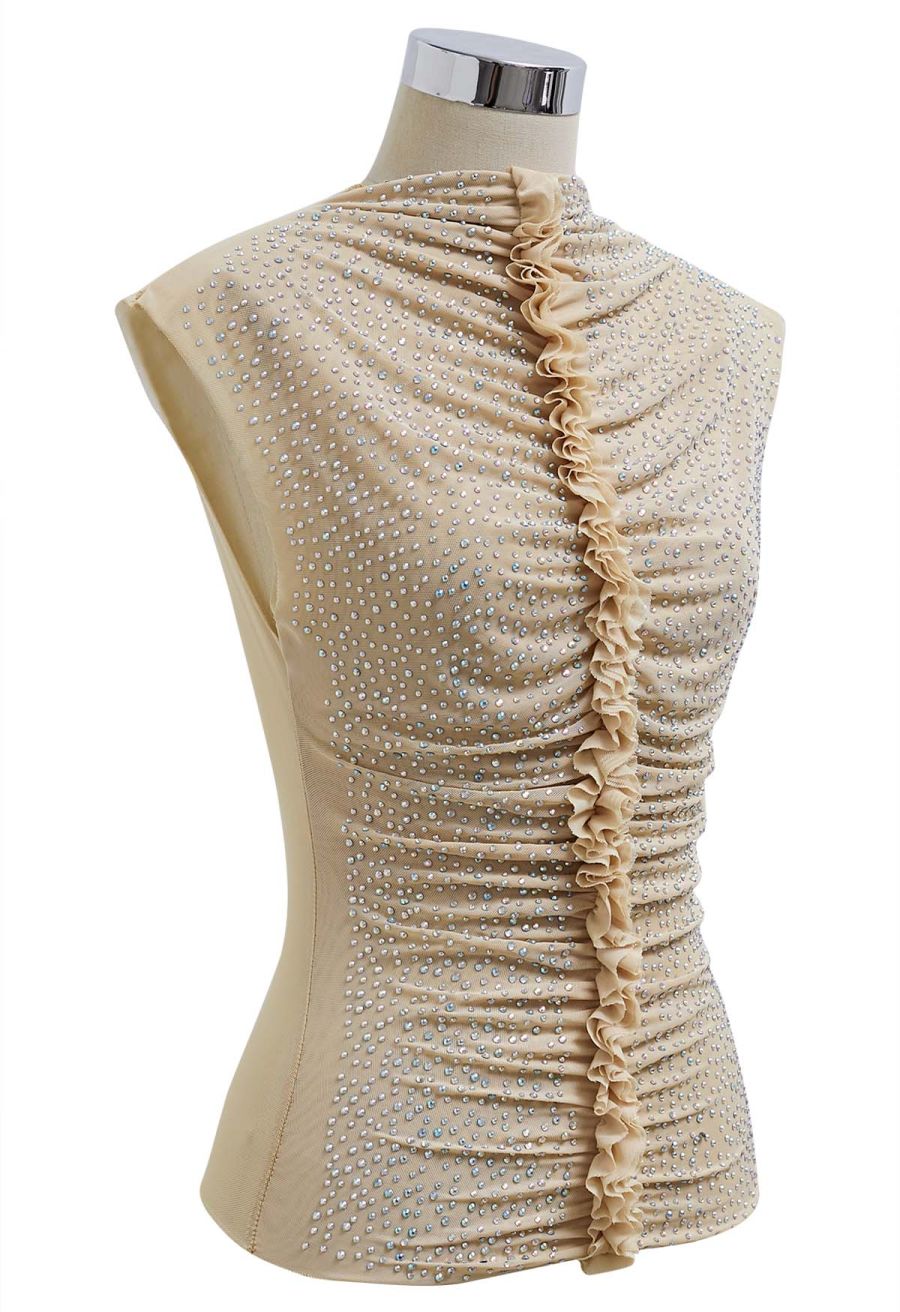 Rhinestone Decor Double-Layered Mesh Ruffle Sleeveless Top in Apricot