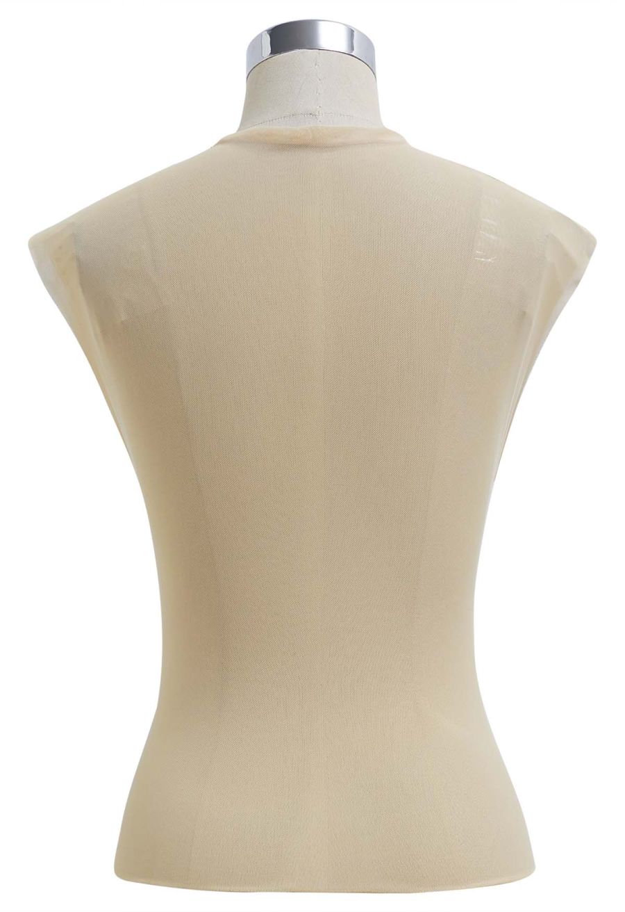 Rhinestone Decor Double-Layered Mesh Ruffle Sleeveless Top in Apricot