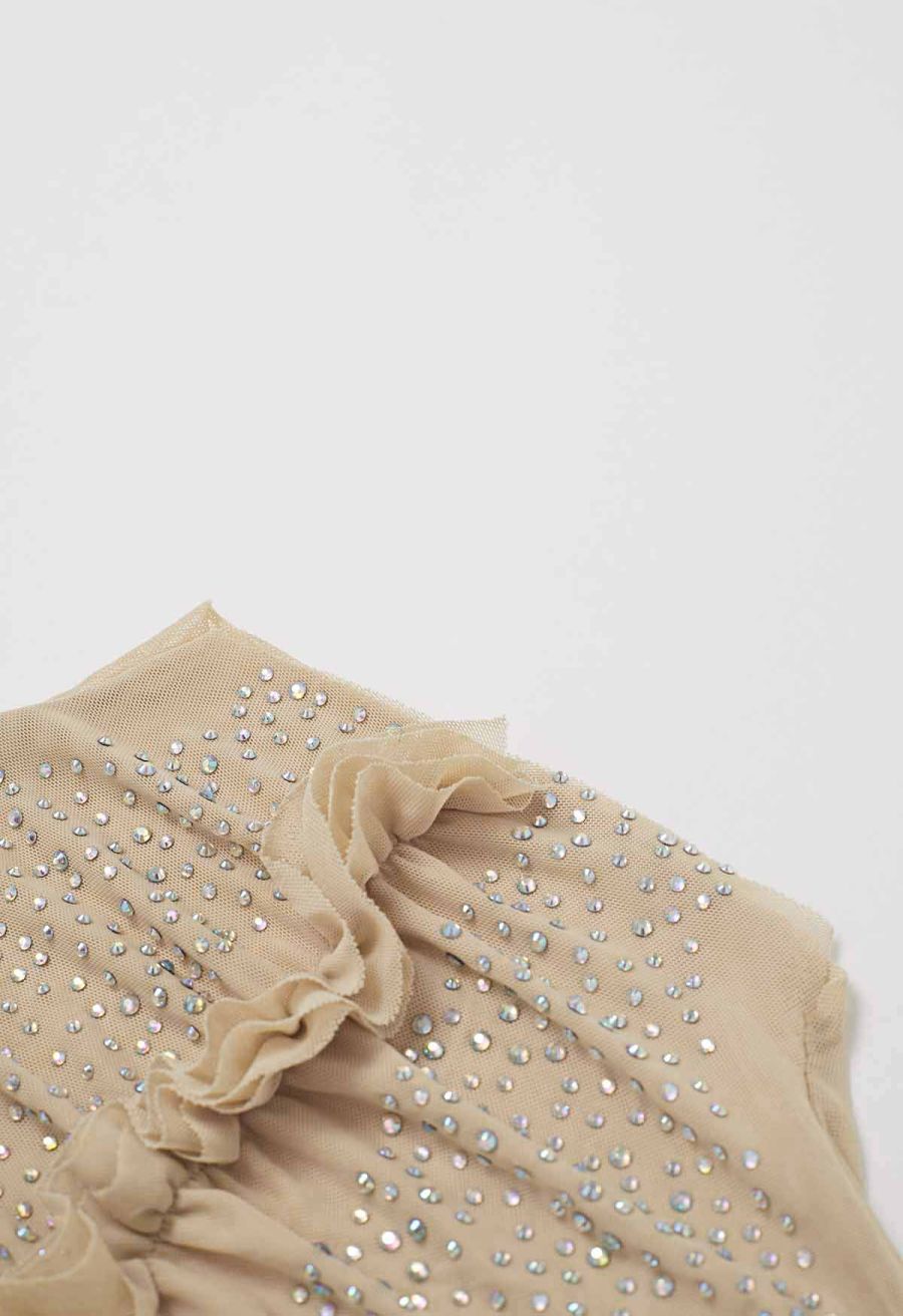 Rhinestone Decor Double-Layered Mesh Ruffle Sleeveless Top in Apricot