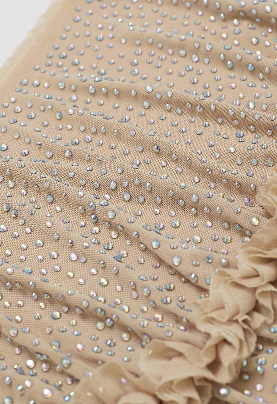 Rhinestone Decor Double-Layered Mesh Ruffle Sleeveless Top in Apricot