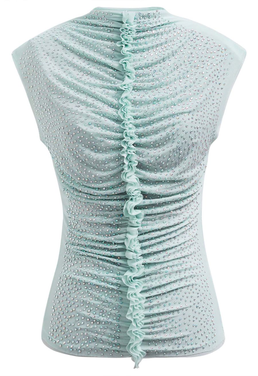 Rhinestone Decor Double-Layered Mesh Ruffle Sleeveless Top in Mint