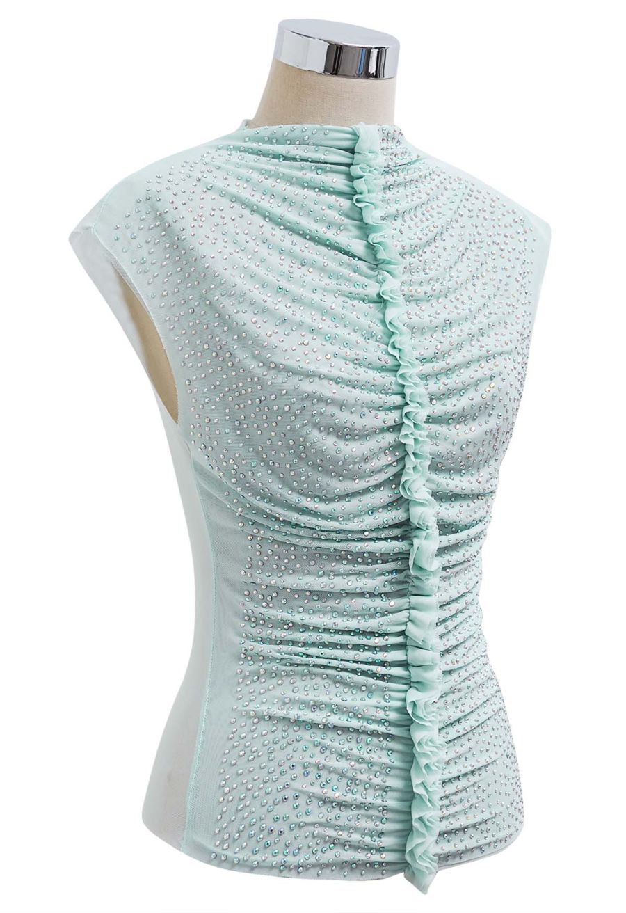 Rhinestone Decor Double-Layered Mesh Ruffle Sleeveless Top in Mint