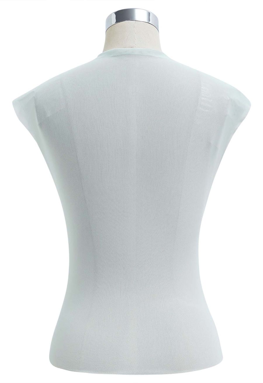 Rhinestone Decor Double-Layered Mesh Ruffle Sleeveless Top in Mint