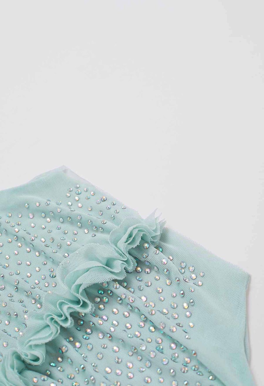 Rhinestone Decor Double-Layered Mesh Ruffle Sleeveless Top in Mint