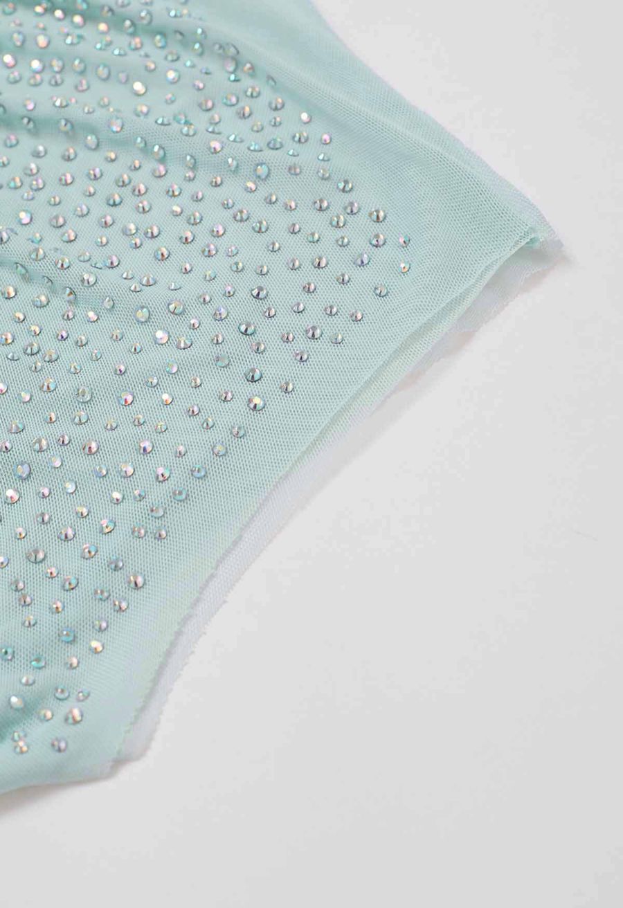Rhinestone Decor Double-Layered Mesh Ruffle Sleeveless Top in Mint