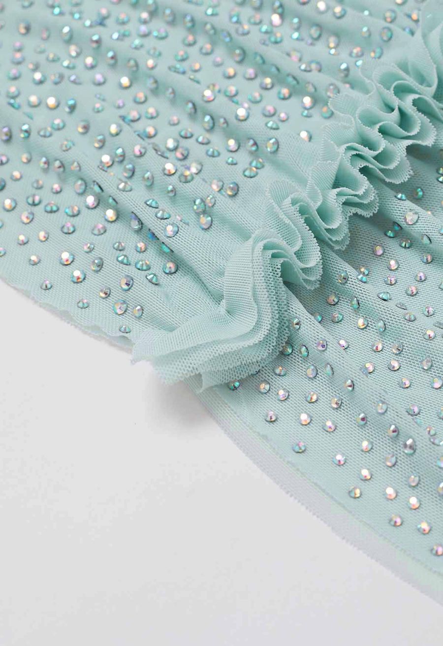 Rhinestone Decor Double-Layered Mesh Ruffle Sleeveless Top in Mint