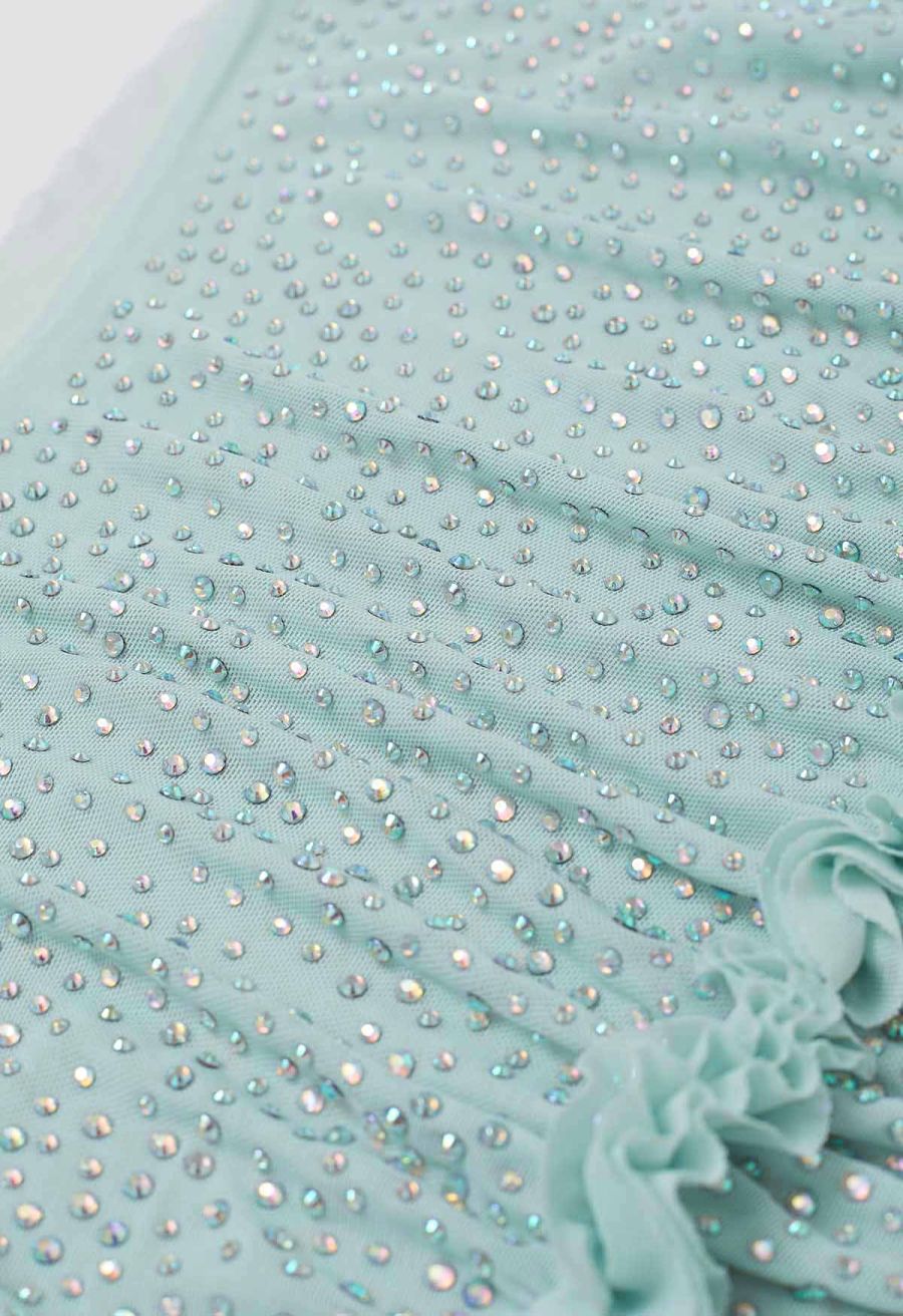 Rhinestone Decor Double-Layered Mesh Ruffle Sleeveless Top in Mint