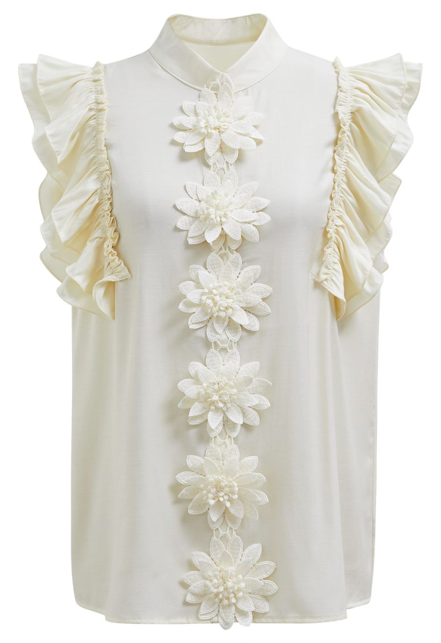 Floral Crochet Button Ruffle Sleeveless Top in Light Yellow