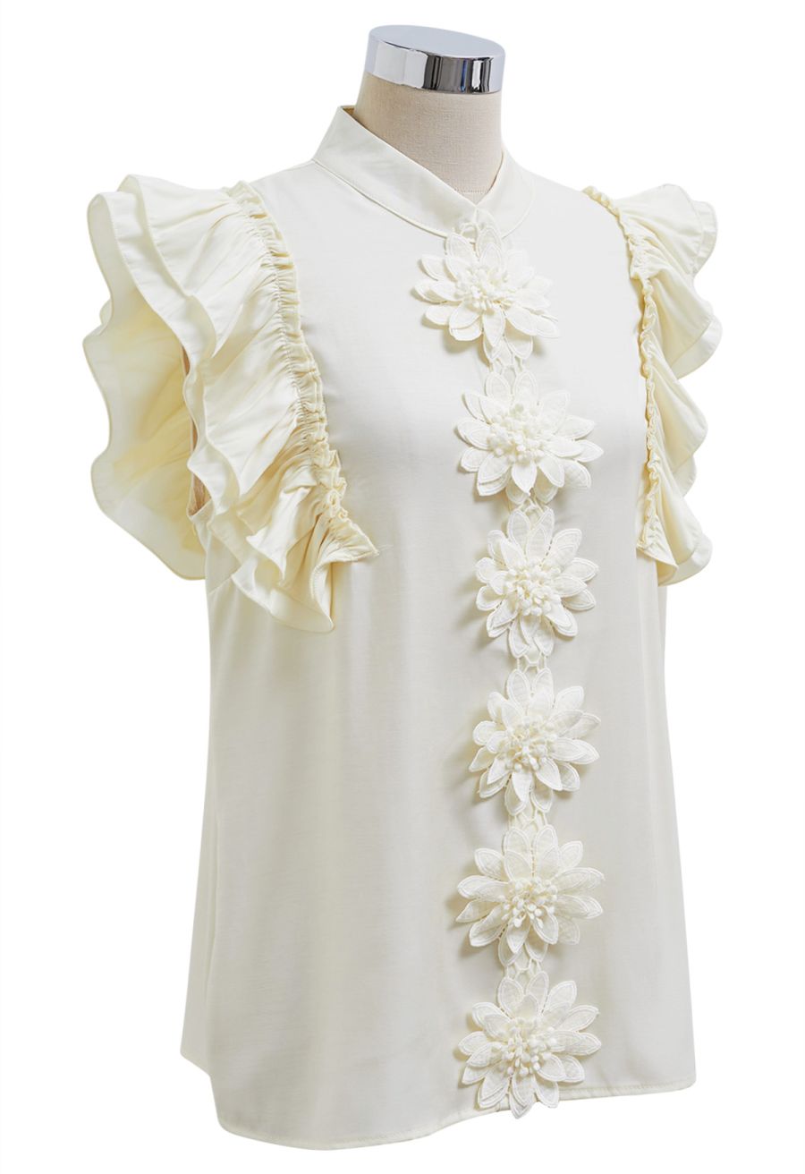 Floral Crochet Button Ruffle Sleeveless Top in Light Yellow
