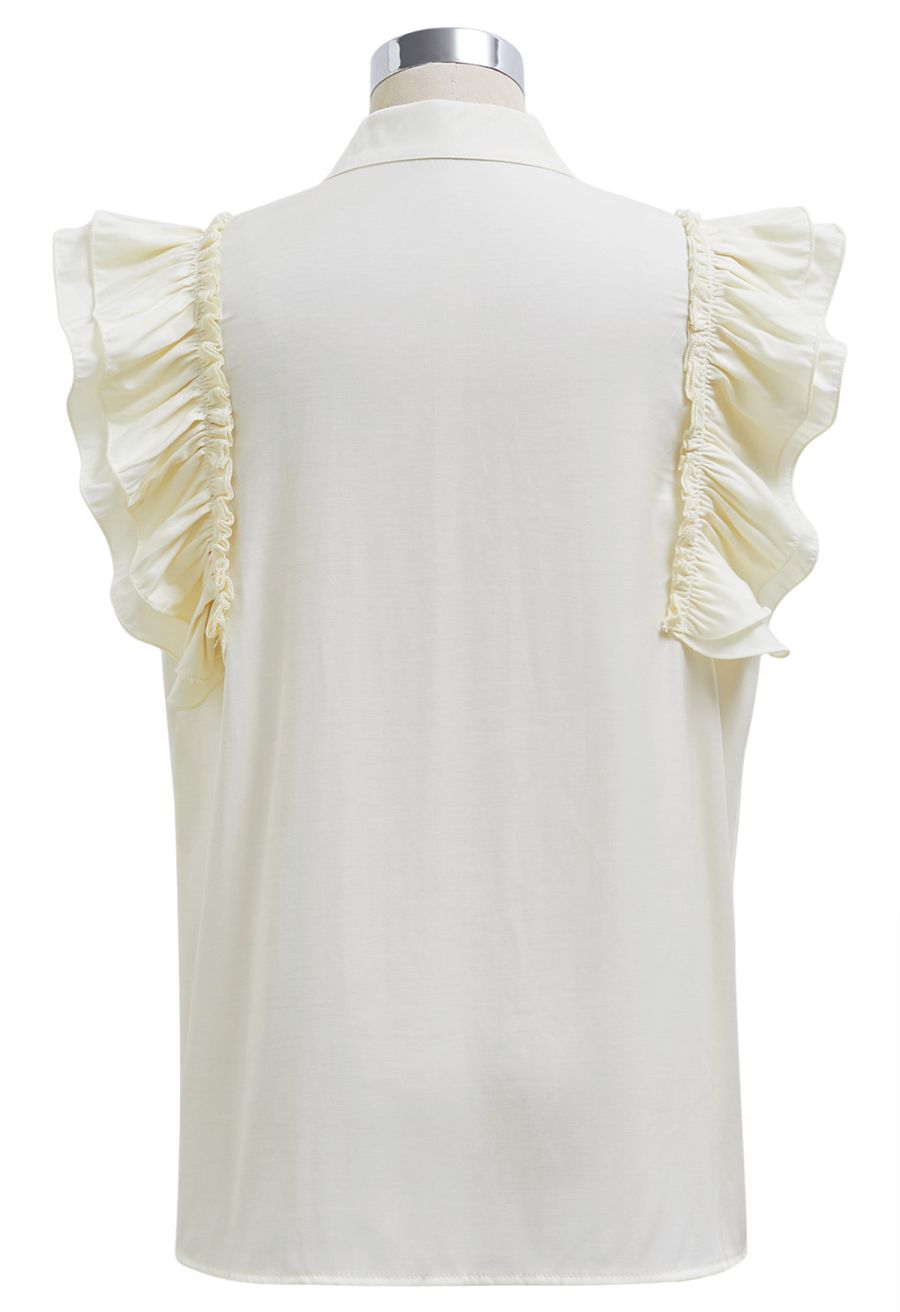 Floral Crochet Button Ruffle Sleeveless Top in Light Yellow