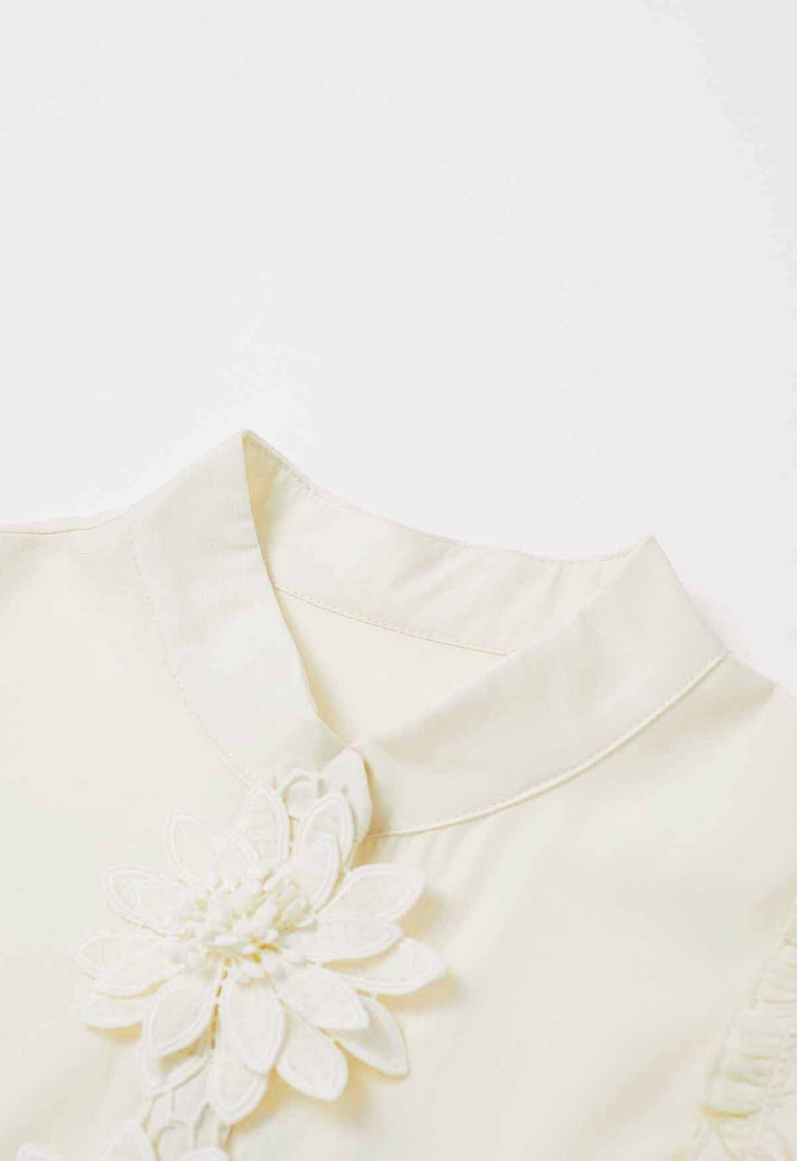 Floral Crochet Button Ruffle Sleeveless Top in Light Yellow