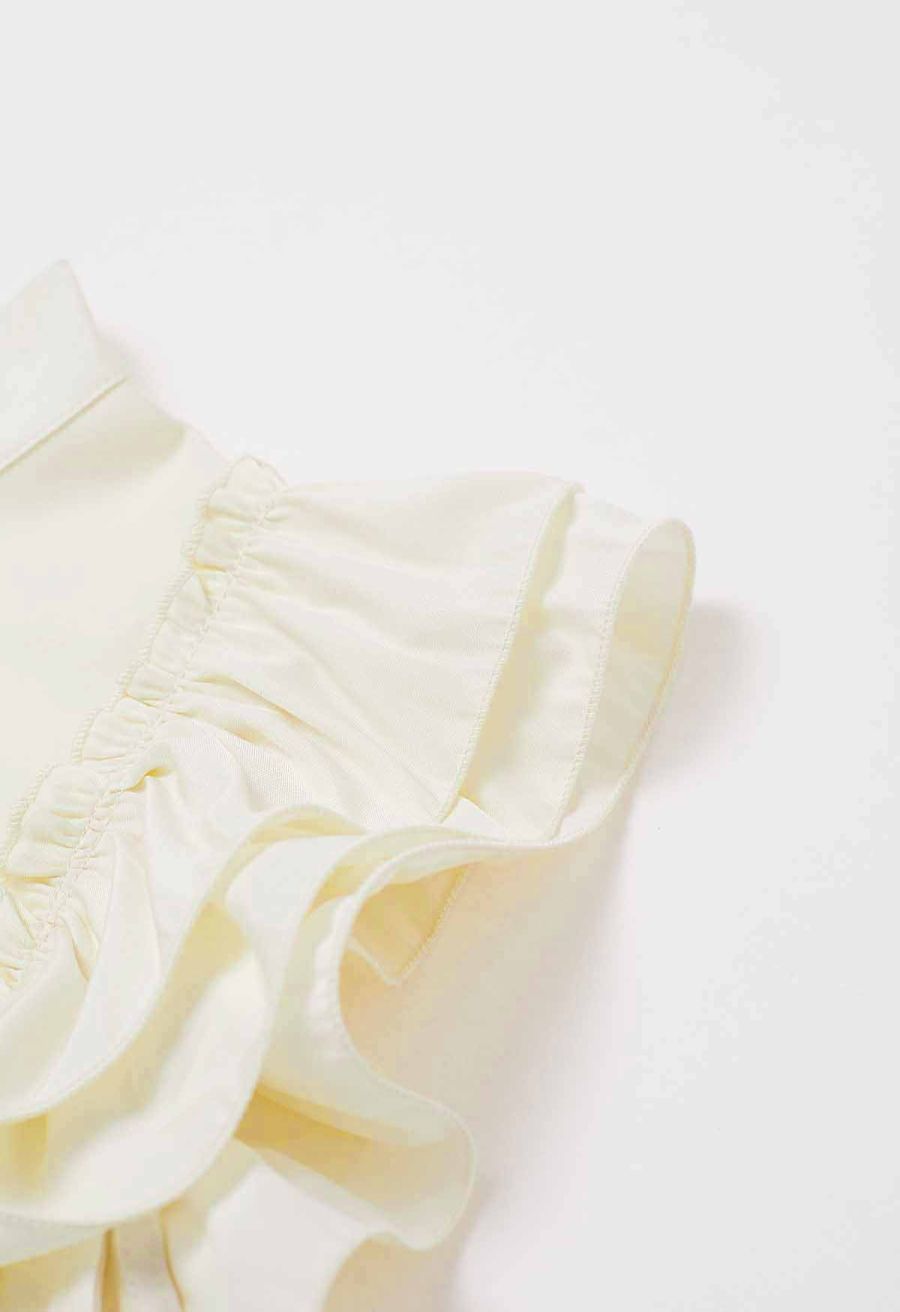 Floral Crochet Button Ruffle Sleeveless Top in Light Yellow
