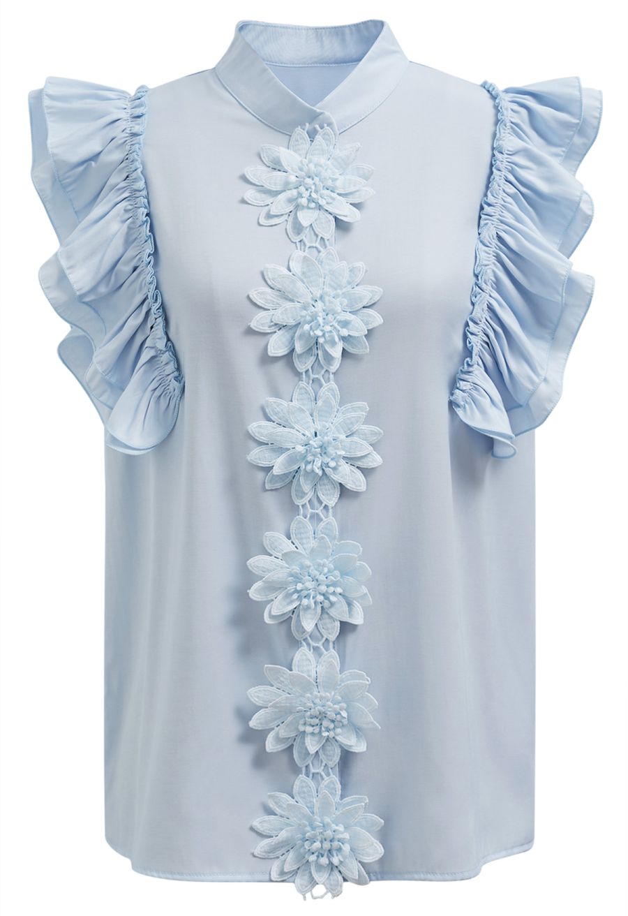 Floral Crochet Button Ruffle Sleeveless Top in Blue