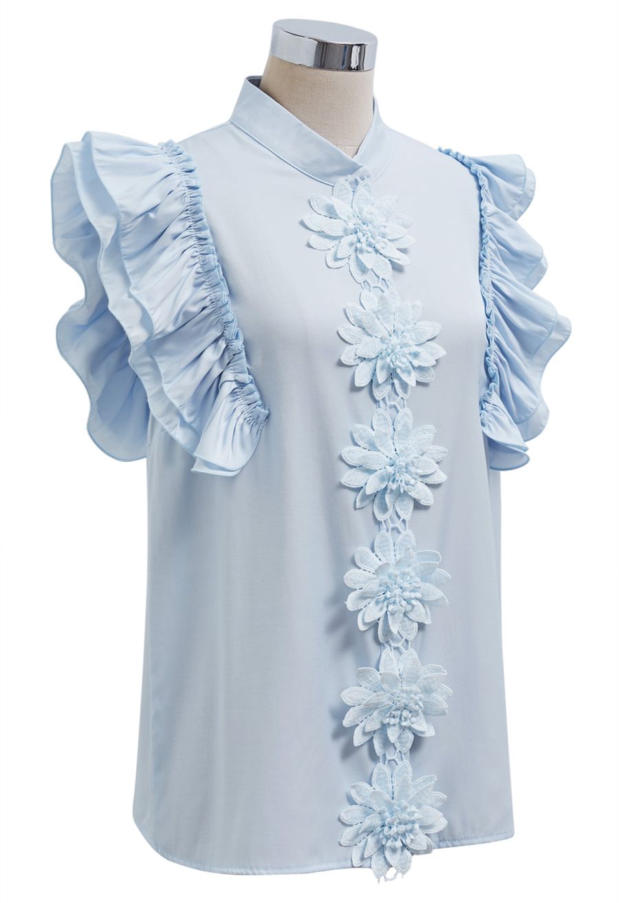Floral Crochet Button Ruffle Sleeveless Top in Blue