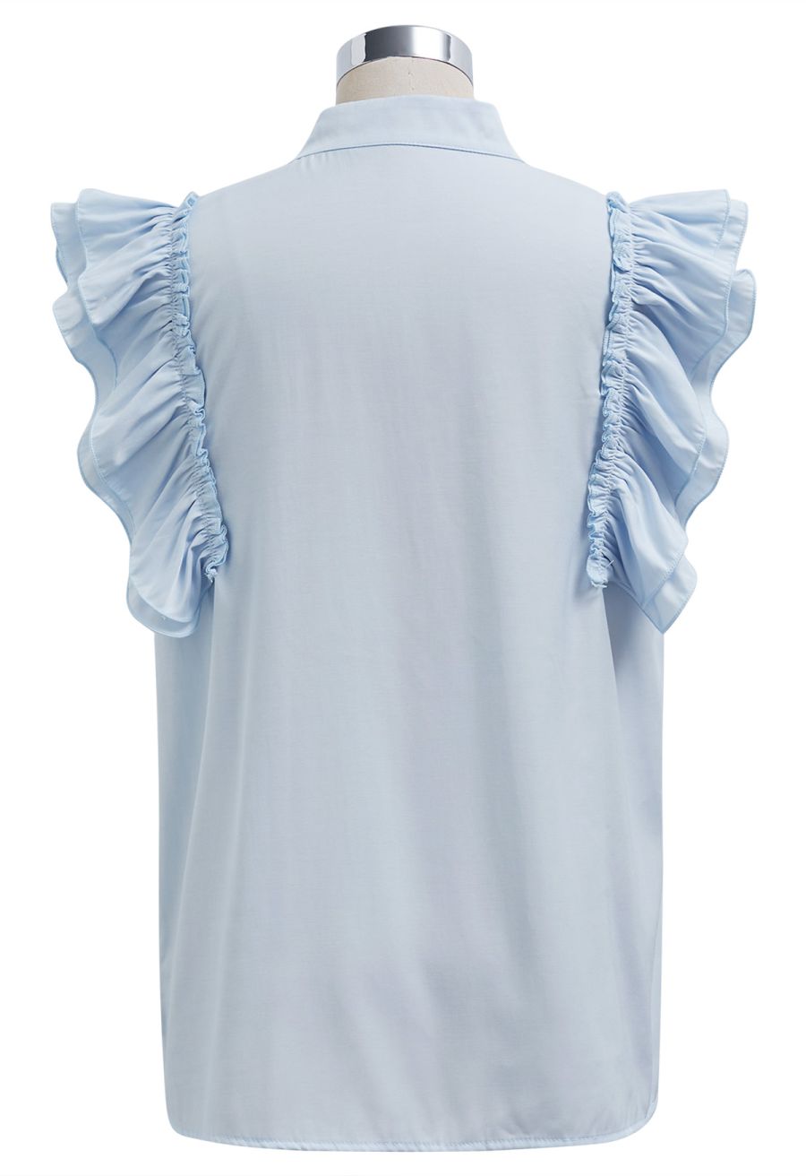 Floral Crochet Button Ruffle Sleeveless Top in Blue