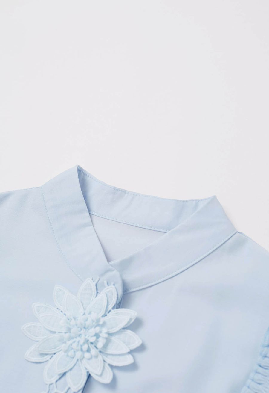 Floral Crochet Button Ruffle Sleeveless Top in Blue
