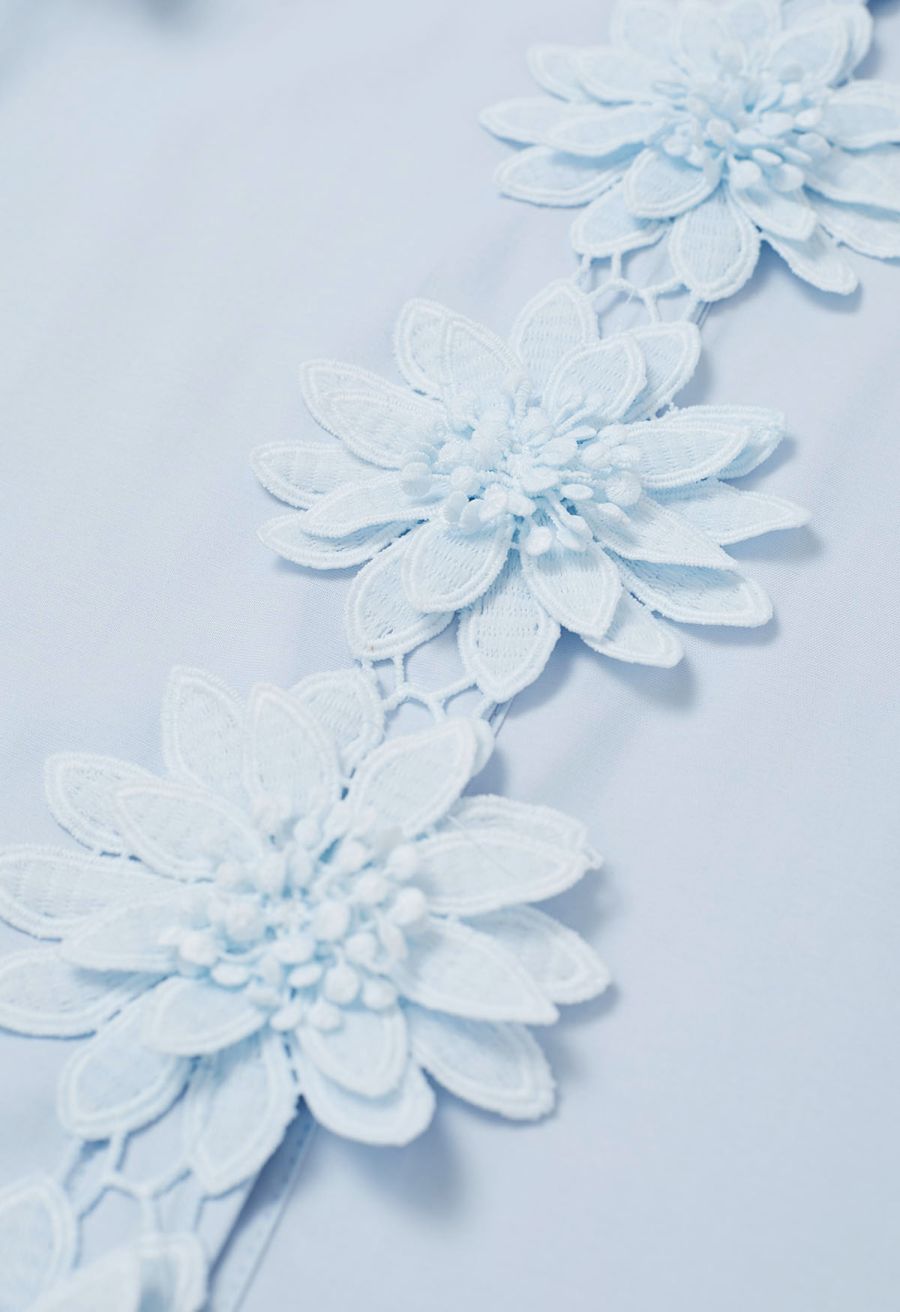 Floral Crochet Button Ruffle Sleeveless Top in Blue