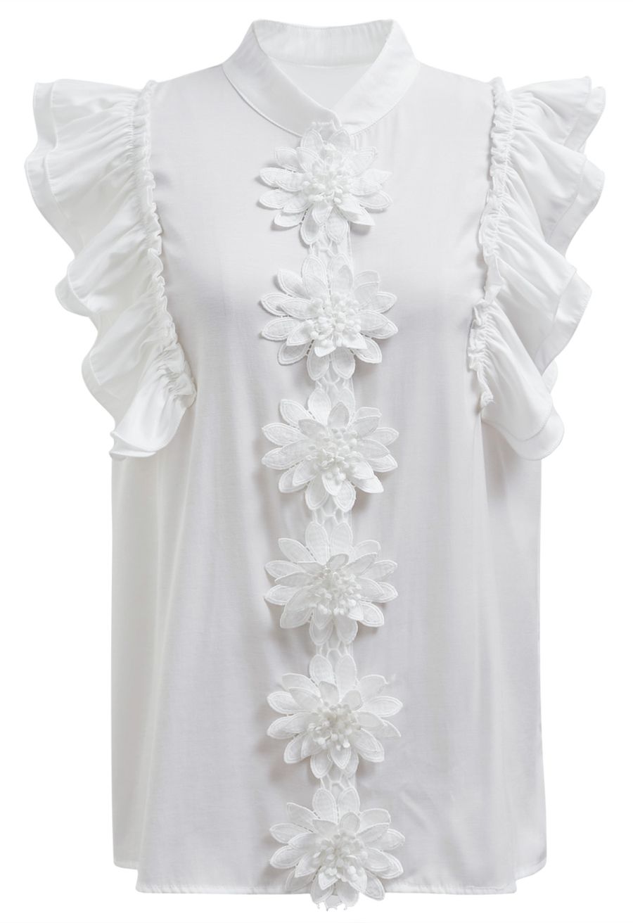 Floral Crochet Button Ruffle Sleeveless Top in White