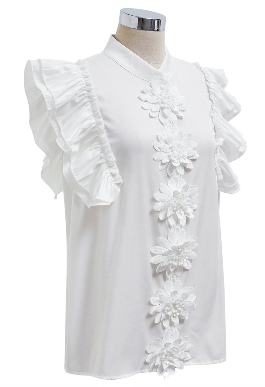Floral Crochet Button Ruffle Sleeveless Top in White