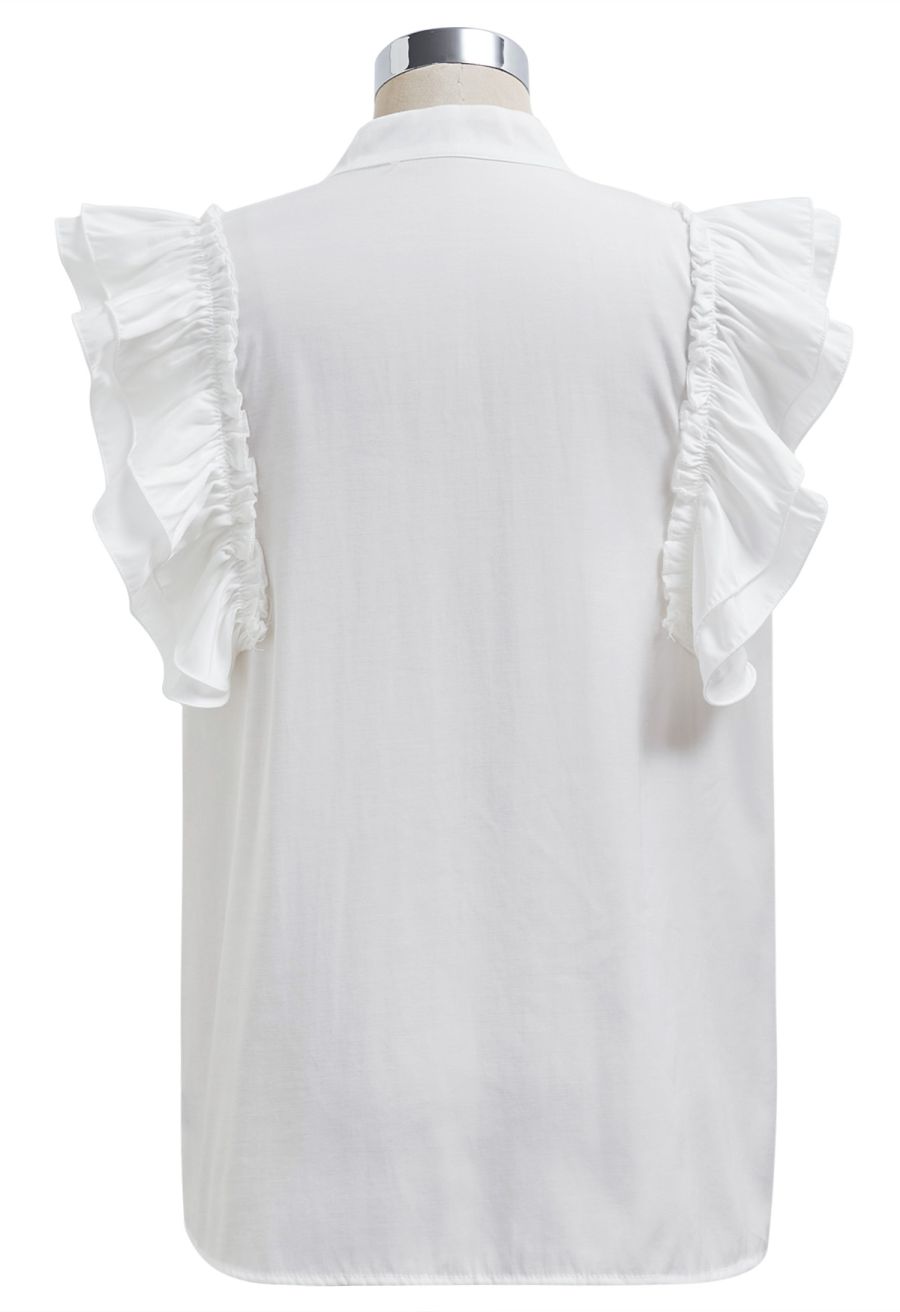 Floral Crochet Button Ruffle Sleeveless Top in White