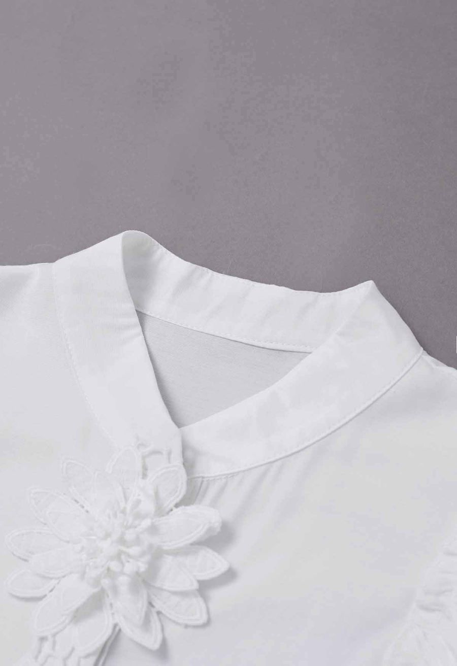 Floral Crochet Button Ruffle Sleeveless Top in White