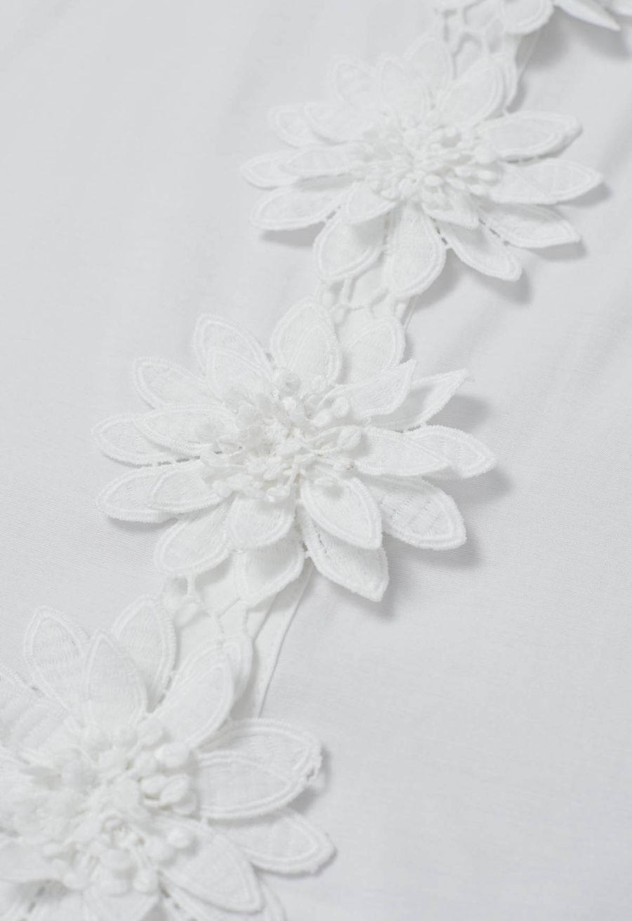 Floral Crochet Button Ruffle Sleeveless Top in White