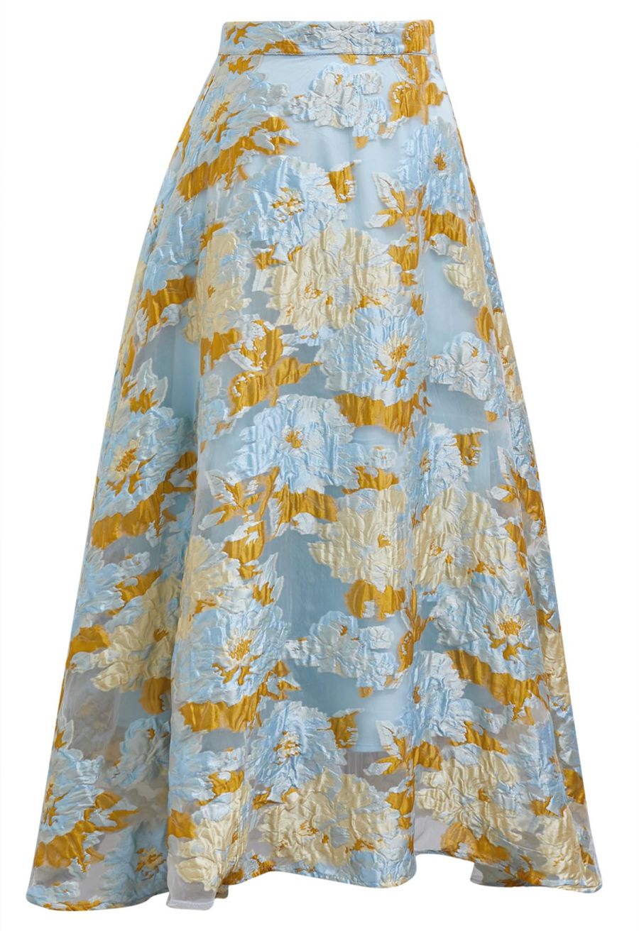 Ultra-Flattering Floral Jacquard A-Line Skirt in Blue