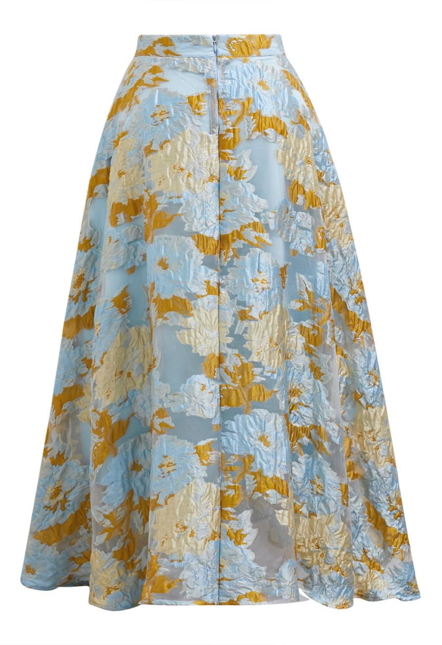 Ultra-Flattering Floral Jacquard A-Line Skirt in Blue