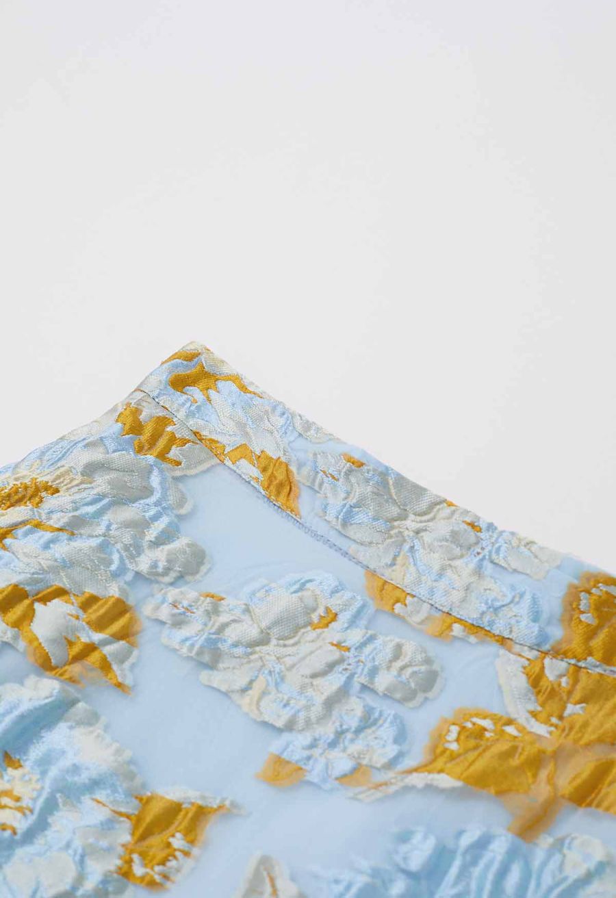 Ultra-Flattering Floral Jacquard A-Line Skirt in Blue