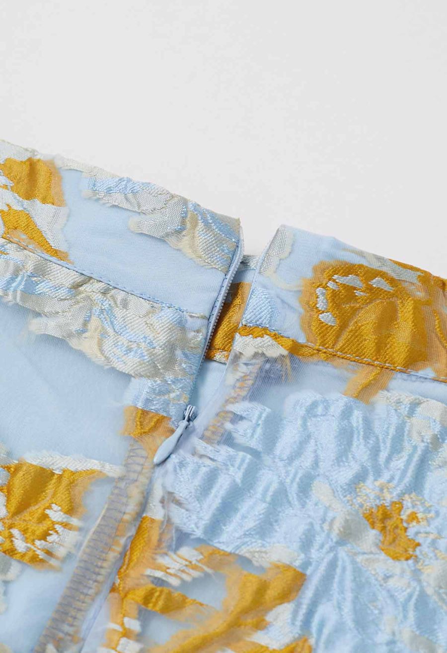 Ultra-Flattering Floral Jacquard A-Line Skirt in Blue