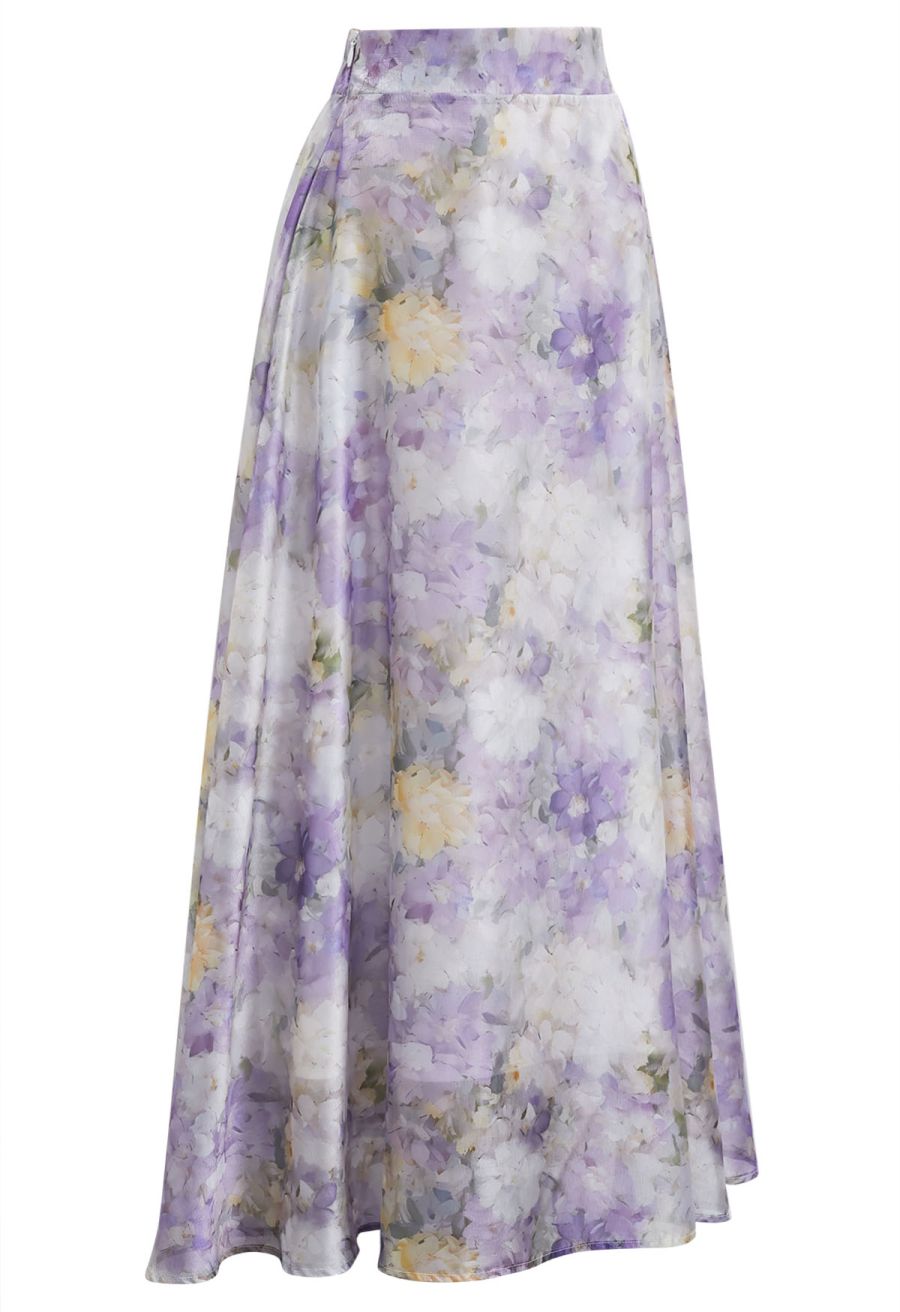 Blurry Floral Watercolor Half Waistband A-Line Maxi Skirt in Lilac