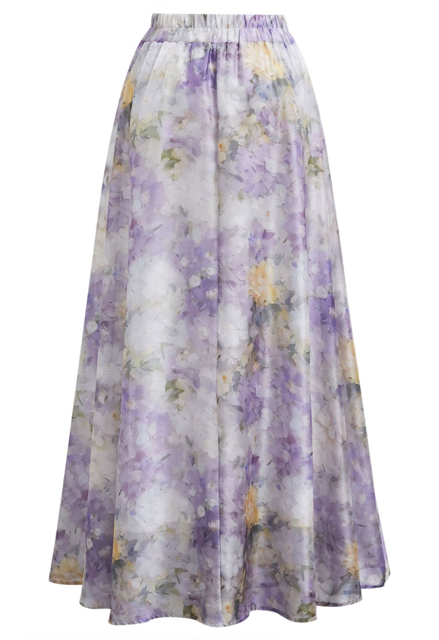 Blurry Floral Watercolor Half Waistband A-Line Maxi Skirt in Lilac