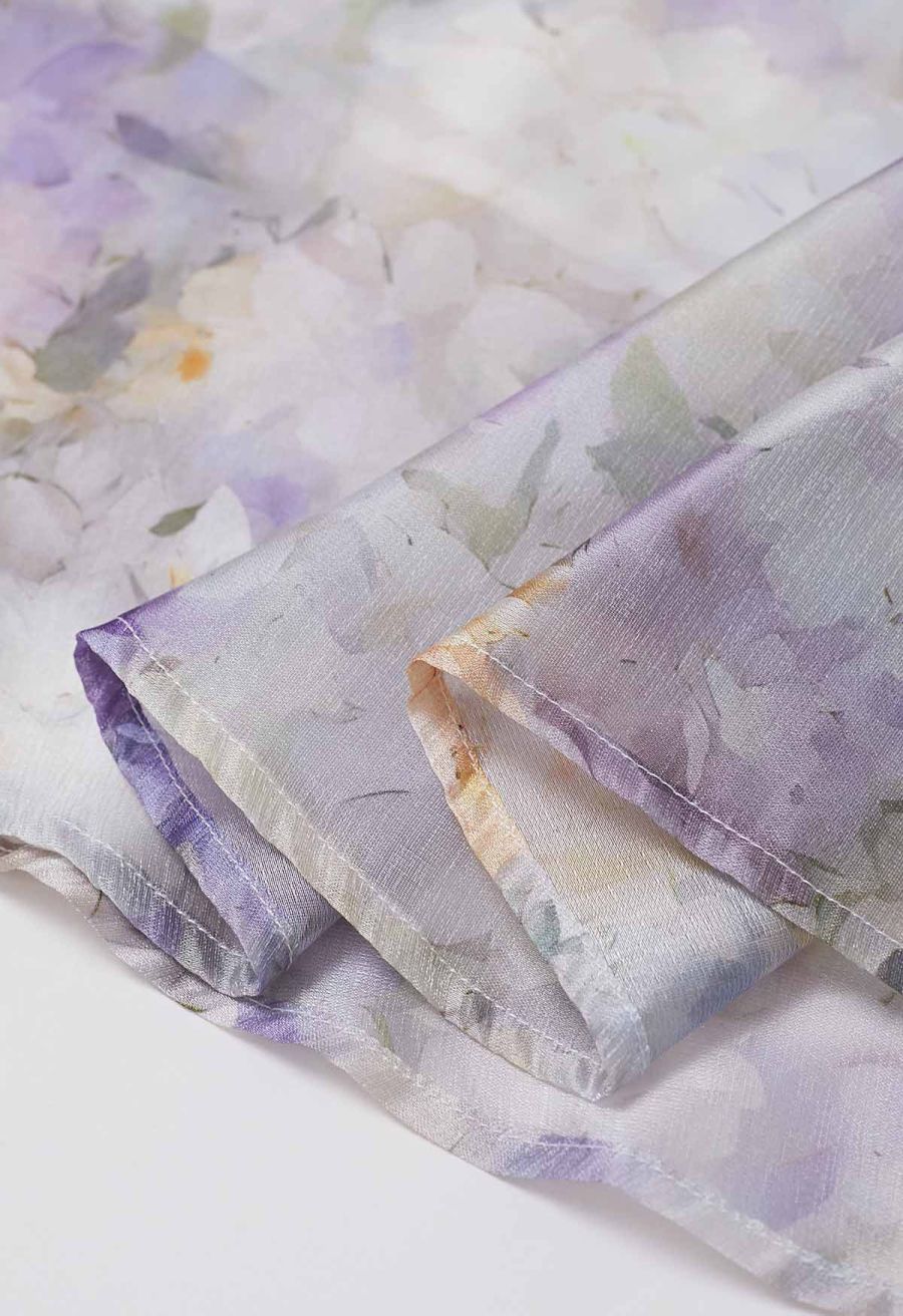 Blurry Floral Watercolor Half Waistband A-Line Maxi Skirt in Lilac