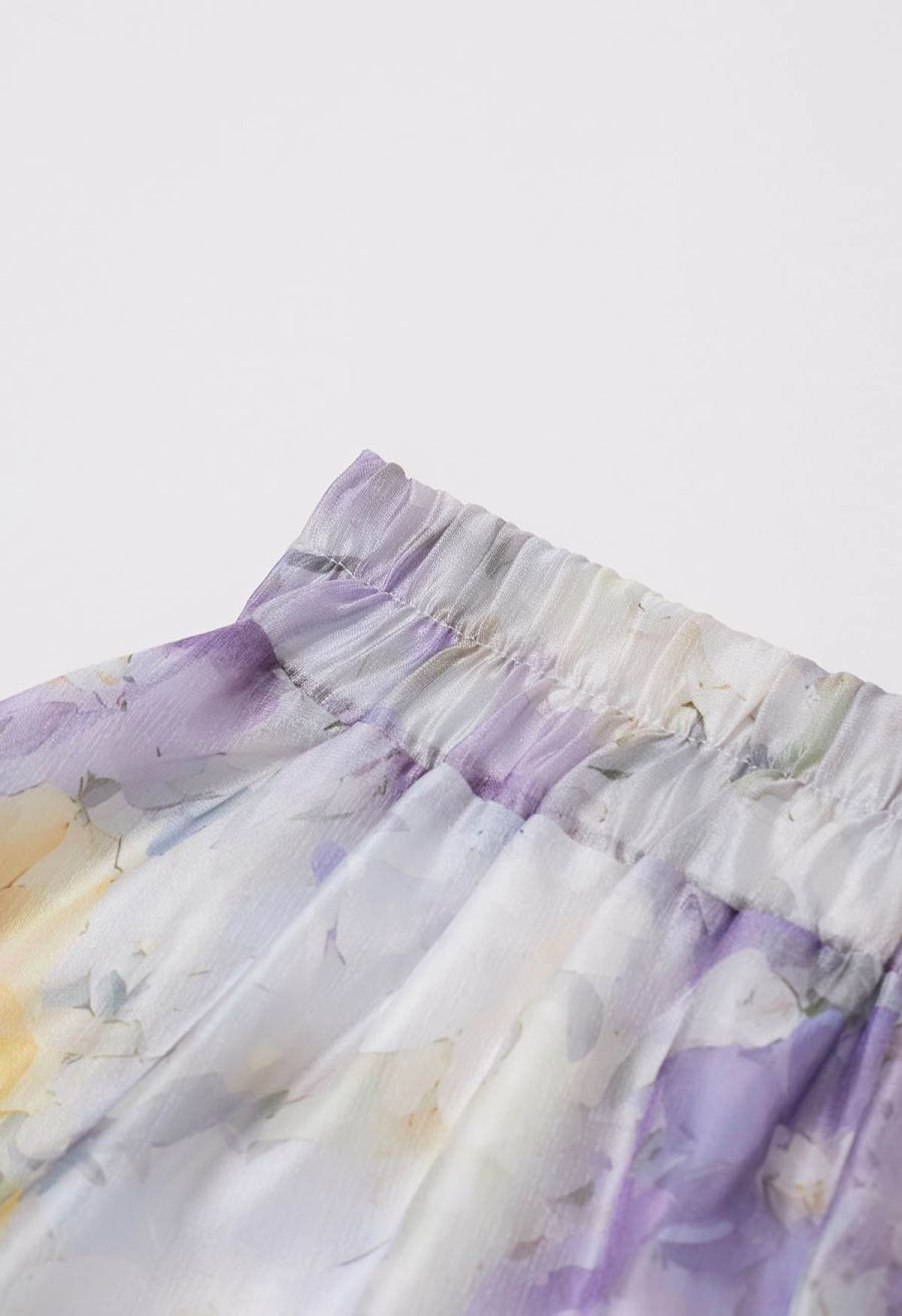 Blurry Floral Watercolor Half Waistband A-Line Maxi Skirt in Lilac