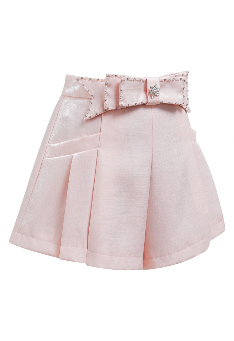 Delicate Rhinestone Bow Front Pocket Shorts in Pink