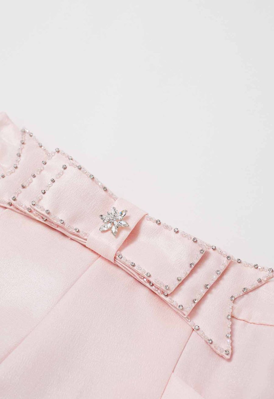 Delicate Rhinestone Bow Front Pocket Shorts in Pink